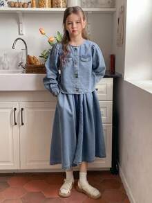 Hapijoa 青少年女孩纯色圆领泡泡袖长袖单排扣牛仔套装