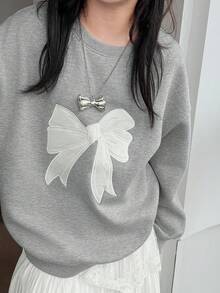 DAZY Tween Size Round Neck Knitted Fleece Sweatshirt With Bow Embroidery Fall,Winter - Grey - View 6