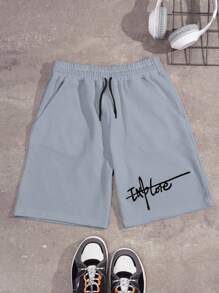 EURMUSE 100%Cotton Men Spring And Summer Casual Texture Fabric Drawstring Waist Short Pants With Hand-Written English Letter Pattern - Baby Blue - View 1