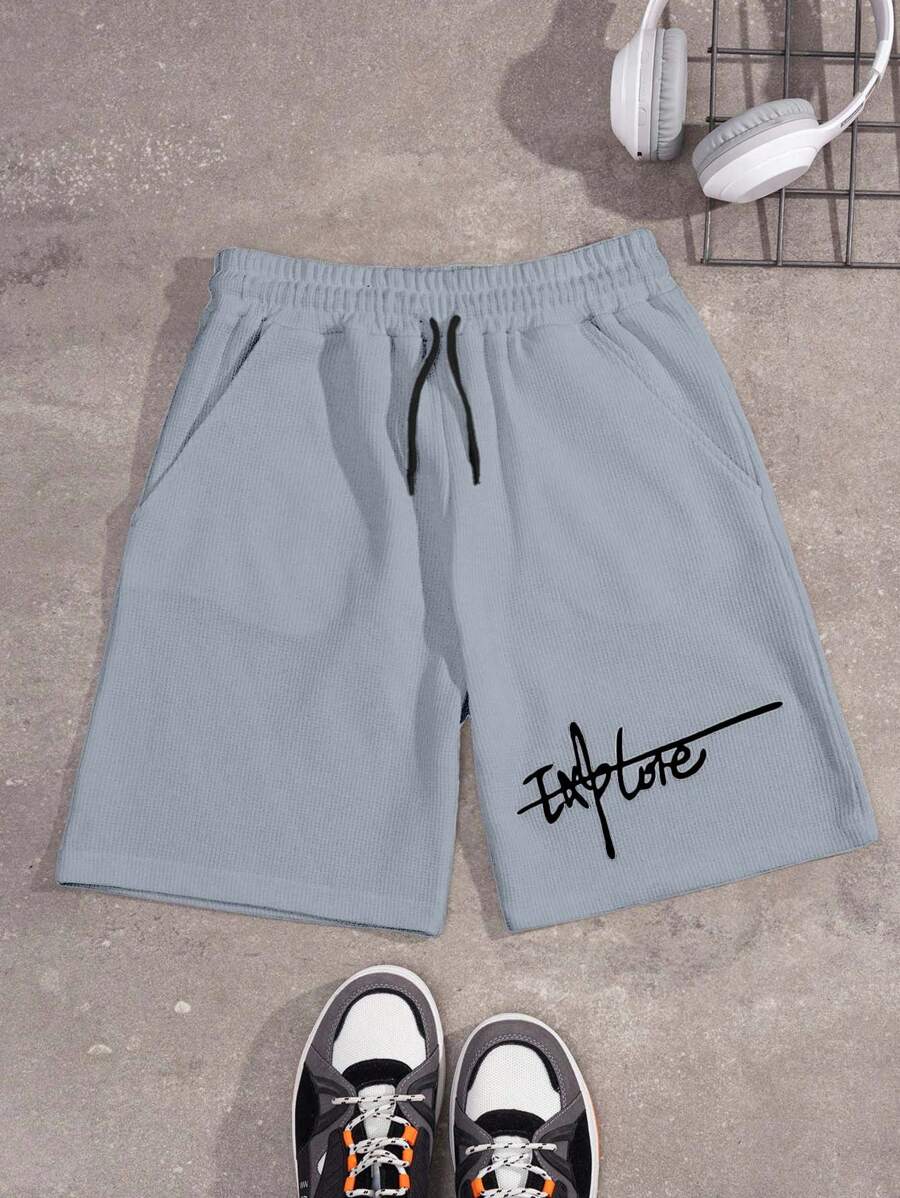 EURMUSE 100%Cotton Men Spring And Summer Casual Texture Fabric Drawstring Waist Short Pants With Hand-Written English Letter Pattern - Baby Blue - View 1