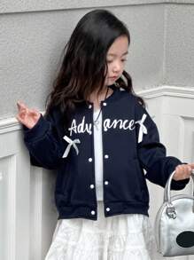 DAZY Young Girl Letter Print Bow Decor Jacket Fall,Winter - Navy Blue - View 3