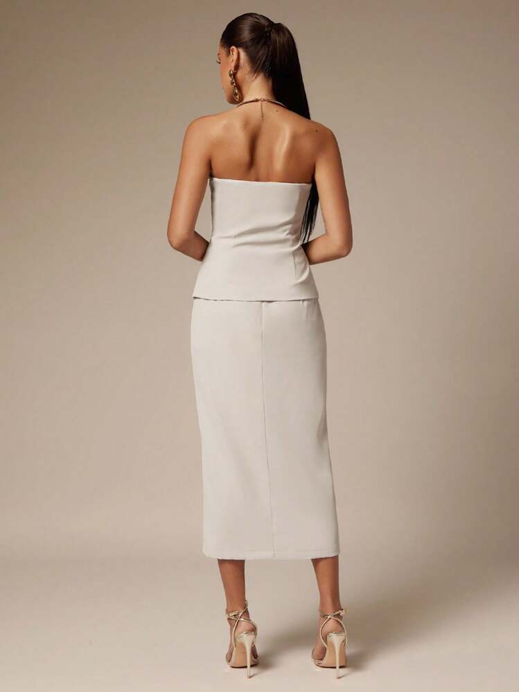 Silquee طقم ملابس علوية بانديو أحادية اللون ذات حافة غير متماثلة وتنورة قصيرة ذات شق في الحافة للنساء - كاكي - مشاهدة 2