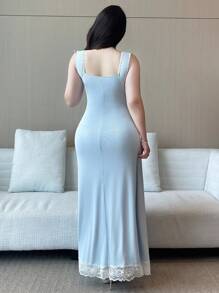 Vibekara 大码菱形领罗纹拼色盖袖连衣裙 - 藍色 - 查看 2