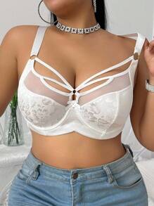 DesireSculpt 1 Áo ngực có gọng lưới tương phản Jacquard thanh lịch cỡ lớn Áo ngực chéo Áo ngực dễ thương, nâng ngực - trắng - Xem 4