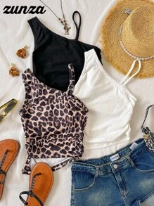 青少年女孩休闲三件套，不对称下摆背心，度假 - 彩色 - 查看 2