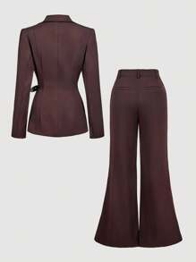 SHEIN MOD Bộ vest nữ đơn giản cổ khoét, eo thắt và quần ống loe, Bộ vest nữ, Bộ đồ hai mảnh màu nâu dành cho nữ, Quần ống loe cho mùa thu/đông - màu nâu - Xem 3