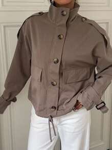 SHEIN EZwear Trench Coats New Autumn Old Money Women's Autumn Fashion Street Chic High Collar Dropped Shoulder Loose Flap Pocket Short Trench Coat Brown Clothes - Mocha Brown - View 7