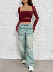 SHEIN EZwear Camiseta ajustada de malla burdeos transparente y sexy para mujer, top de malla burdeos transparente, top corto transparente, tops de otoño