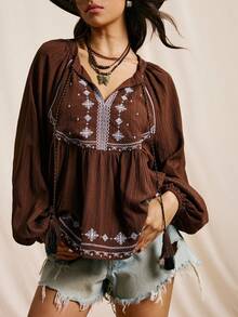 Easelle Áo cánh tay đèn lồng thêu họa tiết phong cách nghỉ dưỡng giản dị cho nữ, mùa xuân/thu - màu nâu - Xem 3