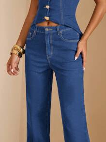 SHEIN BAE 女式口袋直筒宽松休闲百搭牛仔裤 - 中等水洗藍 - 查看 6