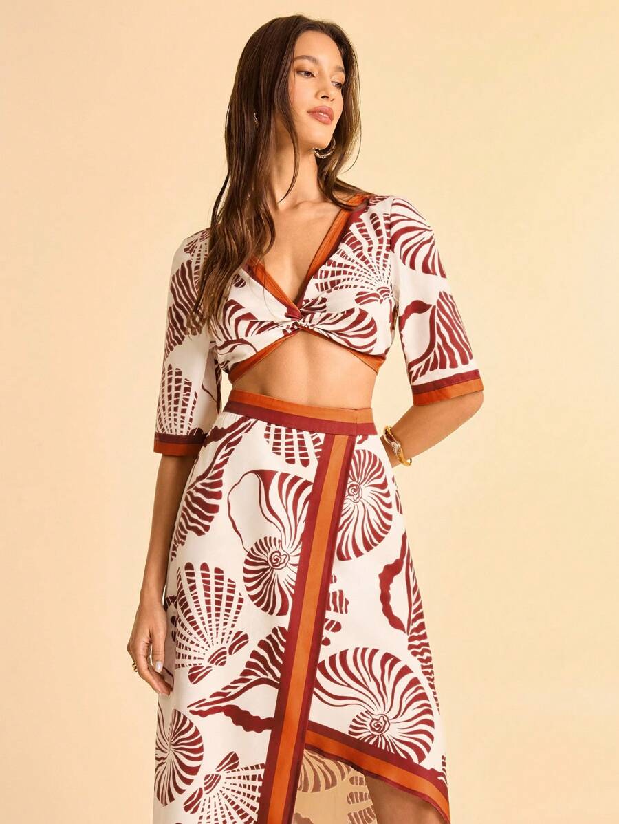 CAJUNI Women's White Summer Boho Vacation Holiday Red-Brown & Orange Shell & Snail Ocean Print Straight Skirt,Asymmetrical Hem,Beach Date Party Beachwear - Multicolor - View 1