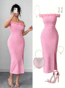 Celure Robe ajustée élégante et urbaine pour grandes tailles, avec épaules dénudées, ornements de perles et fleurs 3D. Marque : Bella, Elenzga