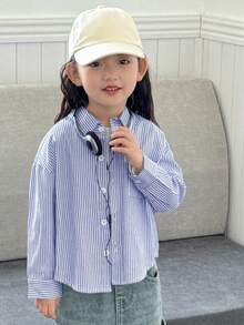 DAZY 年轻女孩竖条纹落肩长袖休闲宽松衬衫 - 藍色 - 查看 4