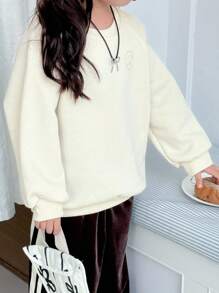 Dazy Kids 女童圆领针织抓绒卫衣，秋冬季 - 米色 - 查看 3