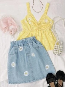 青少年女孩两件套可爱服装套装：休闲黄色格子吊带上衣，搭配雏菊花卉印花和荷叶边下摆，蓝色水洗牛仔雏菊印花迷你裙，活力休闲派对装，春夏 - 黃色 - 查看 7