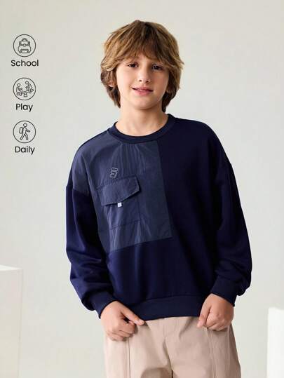 JNSQ Back To School Clothes, Tween Boy Clothes Casual Sports Long Sleeve Sweatshirt For Children, Autumn Season Children's Round Neck Patchwork Pocket 3M Reflective Print Long Sleeve Sweatshirt Top