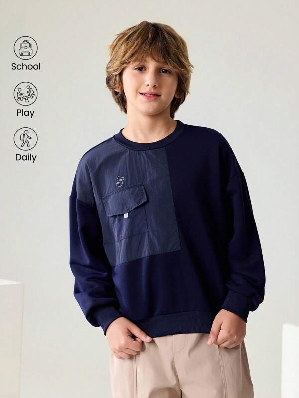 JNSQ Vêtements de rentrée scolaire, vêtements décontractés pour garçons préadolescents, Sweat-shirt-shirt à manches longues pour enfants, Sweat-shirt-shirt à col rond, patchwork, poche, impression réfléchissante 3M pour la saison d'automne