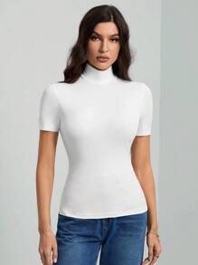 SHEIN Tall Camiseta básica de cuello alto de unicolor negro de manga corta para mujer - Blanco - Ver 3