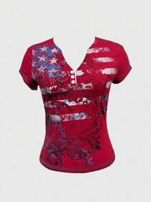ROMWE Fairycore Áo thun nữ Y2K Grunge Retro họa tiết lá cờ yêu nước và ngôi sao đính đá trang trí - Đỏ - Xem 1