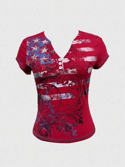 Fairycore T-shirt avec décoration de strass de drapeau patriotique et d'étoiles, style grunge rétro Y2K pour femmes