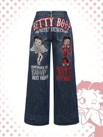 Betty Boop | ROMWE Große Größen Y2K Retro Streetwear Betty Engel Stickerei Loose Fit Jeans