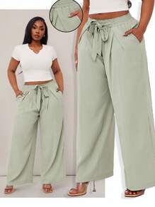 SHEIN SXY Plus Size Women High Waist Loose Wide Leg Drawstring Pants, Suitable For Everyday Wear, Festivals, Date Nights, Birthdays, Bachelorette Parties, Weddings, Elegant, Casual, Shopping, Streetwear, Going Out, Easy To Match & Flattering, Accentuate Your Body Olive Green Sage Green