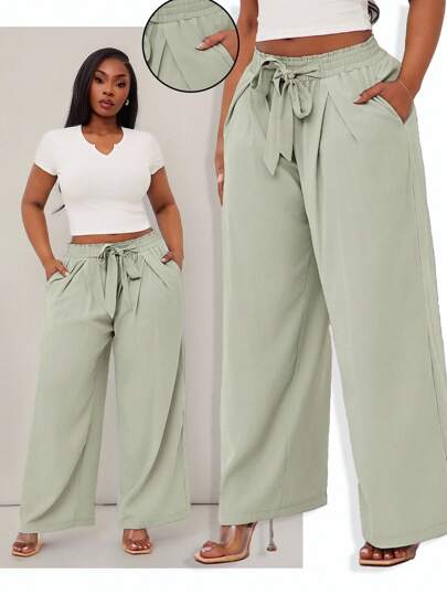 SHEIN SXY Plus Size Women High Waist Loose Wide Leg Drawstring Pants, Suitable For Everyday Wear, Festivals, Date Nights, Birthdays, Bachelorette Parties, Weddings, Elegant, Casual, Shopping, Streetwear, Going Out, Easy To Match & Flattering, Accentuate Your Body Olive Green Sage Green