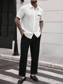 Manfinity Homme 男士纯色简约休闲短袖衬衫和裤子套装，男士两件套，男士两件套，男士夏季服装，男士纯米色亚麻褶皱效果纹理面料短袖单排扣休闲衬衫套装夏季亲肤透气男士夏装 - 彩色 - 查看 1