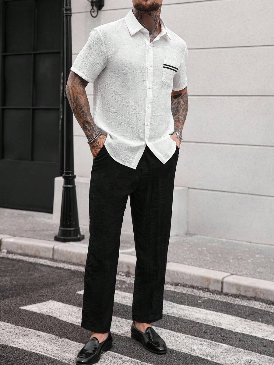 Manfinity Homme 男士纯色简约休闲短袖衬衫和裤子套装，男士两件套，男士两件套，男士夏季服装，男士纯米色亚麻褶皱效果纹理面料短袖单排扣休闲衬衫套装夏季亲肤透气男士夏装 - 彩色 - 查看 1