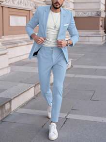 Manfinity Mode 男士休闲商务两件套西装，纯色西装套装夹克和裤子，简约时尚休闲日常穿着婚礼西装舞会西装男士，适合情人节周年纪念日等场合，是送给男朋友或丈夫的绝佳礼物。 - 淺藍色 - 查看 4