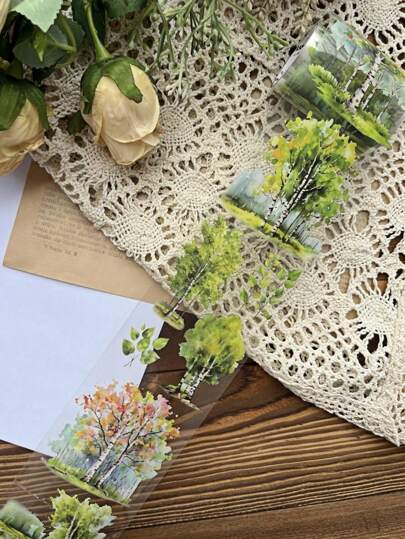 1 件 60 毫米 * 2 米复古防水胶带，花园、树木和数字森林复古 DIY 装饰贴纸，日记剪贴簿配件开学