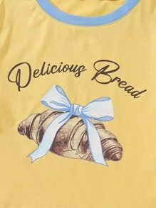 Tween-Mädchen Gelbes bedrucktes T-Shirt + Skort Set, empfohlen für sommerliches Energetisches Mädchen Outfit! Gelbe T-/T-shirt mit Strickkragen, blauem geripptem Rand, Buchstaben-Vorderteil + Schleifenmuster, Skorte in dunkel gewaschenem Denimblau, voller Gummibund + Ohrendesign