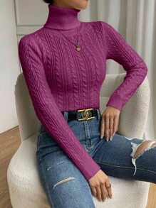 SHEIN 休闲纯色高领修身毛衣，秋冬针织套头衫 - 中紫紅色 - 查看 3