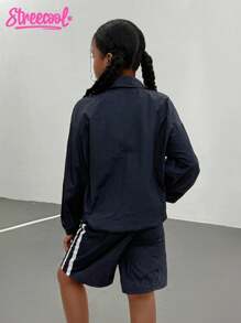 Girls'Navy Blue Autumn Long-Sleeve Windbreaker Set With Shorts,Fashionable Minimalist Stylish Look,Cow Boy Vacation Youthful Vitality Outfit - Royal Blue - View 2