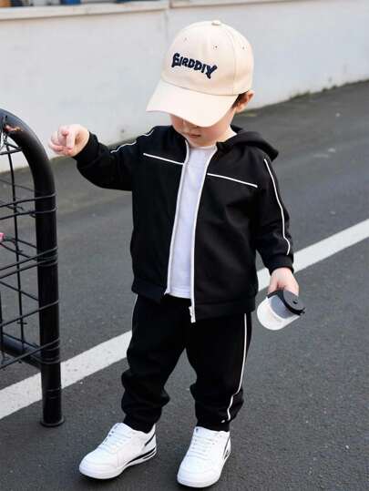 SHEIN Playful Pals 2 件幼儿男童连帽衫套装，秋冬新款长袖连帽卫衣和裤子套装，黑色连帽白色撞色拉链卫衣和黑色裤子，舒适休闲装适合日常穿着，兄弟姐妹套装