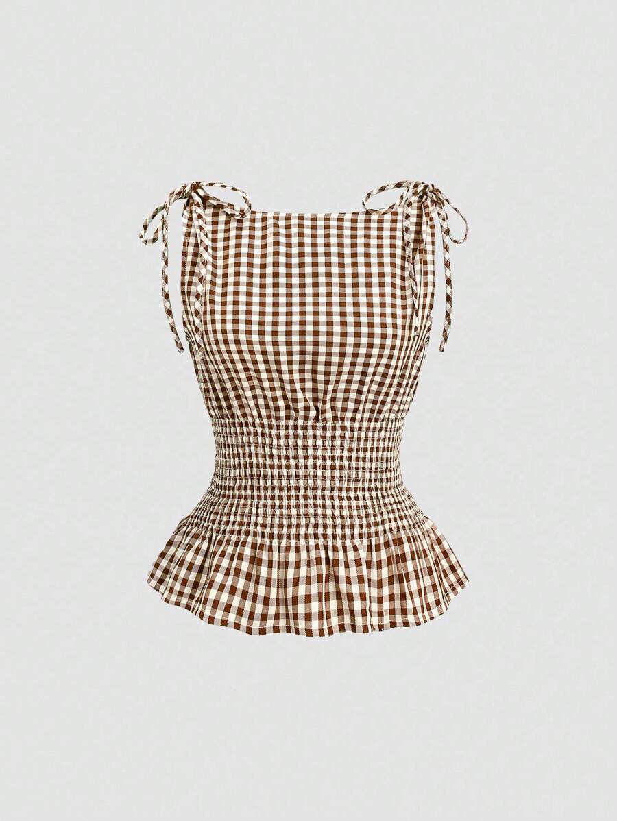 Sweetra Áo ba lỗ nữ thanh lịch kiểu Pháp màu trơn kẻ caro buộc vai eo ôm vừa vặn thoải mái đi làm, đa năng, mùa xuân/hè - màu nâu - Xem 1