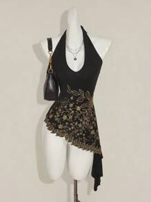 SHEIN ICON Áo bandeau thêu kim sa lấp lánh phong cách Bohemian mùa hè Y2K thời trang ngày lễ cho nữ, viền đen bất đối xứng, thời trang thu đông - màu đen - Xem 4