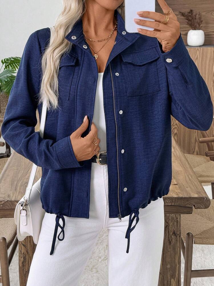 Women's Solid Color Drawstring Hem Regular Style Coat, Suitable For Autumn Wear, Including Women's Coats, Autumn Outfits, Winter Coats, Outdoor Outfits And Women's Overcoats.