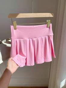 Comfortcana Váy mini xếp ly thể thao dễ thương đan màu hồng giản dị mùa hè cho nữ - Hồng - Xem 5