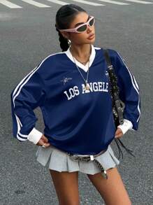 Muchica 女士秋冬新款运动字母撞色T恤 女士图案球衣 Y2K 球衣 洛杉矶球衣 街头服饰女装 女士球衣 - 藏蓝色 - 查看 5