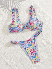 Swim Mod Sexy Ditsy Floral Thick Strap Underwire Push-Up Bikini Set, Summer Vacation - Multicolor - View 7