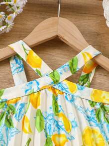 年轻女孩日常休闲热带花卉印花无袖连衣裙，春夏新品 - 黃色 - 查看 5