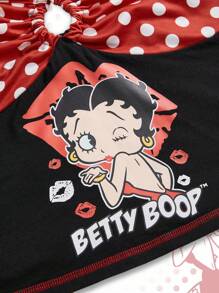 Betty Boop | ROMWE 夏季加大码性感可爱卡通图案撞色波尔卡圆点吊带上衣 - 黑色 - 查看 3