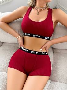 SHEIN Letter Print Waistband Women's Bra And Briefs Underwear Set - Burgundy - View 4