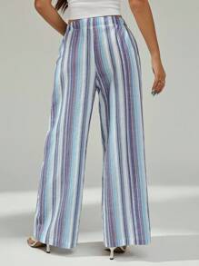 SHEIN PETITE Women's Long Woven Fabric Striped Casual Wide Leg Pants With Drawstring Waist