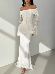 SHEIN PETITE فستان أنيق بأكمام طويلة من الدانتيل مع ربطة أمامية، بلون أحادي وأكتاف مكشوفة للنساء - الأسود - مشاهدة 3