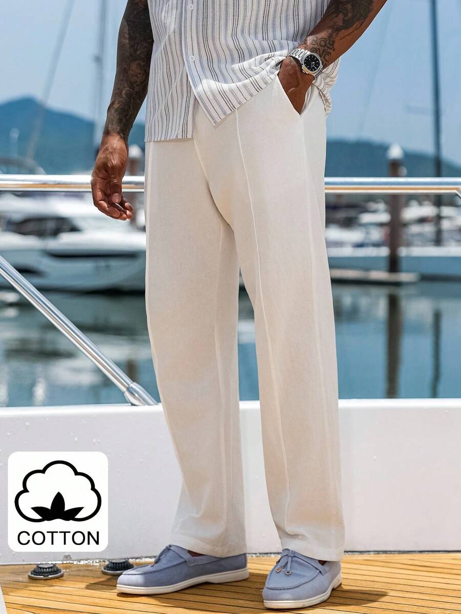 Manfinity Homme 男士棉质白色梭织直筒裤，带口袋，适合秋季休闲穿着