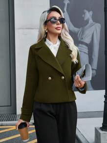 Revavyn Casual Solid Color Double-Breasted Cropped Jacket, Autumn/Winter  Fall Cloth For Women - Army Green - View 3
