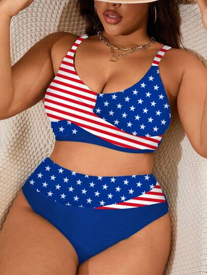 SHEIN Swim Curve Plus Size 2pcs Set Solid Color & USA Flag Print Splicing Adjustable Strap Design High Waist Mixed Swimsuit, Sexy Elegant Women Beach Holiday Swimwear For Summer Beach Vacation