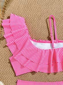 Conjunto de bikini a rayas amarillas para niñas preadolescentes, traje de baño de 2 piezas con parte superior con volantes, elegante y de moda, adecuado para nadar, vacaciones y verano - Rosa Fucsia - Ver 4